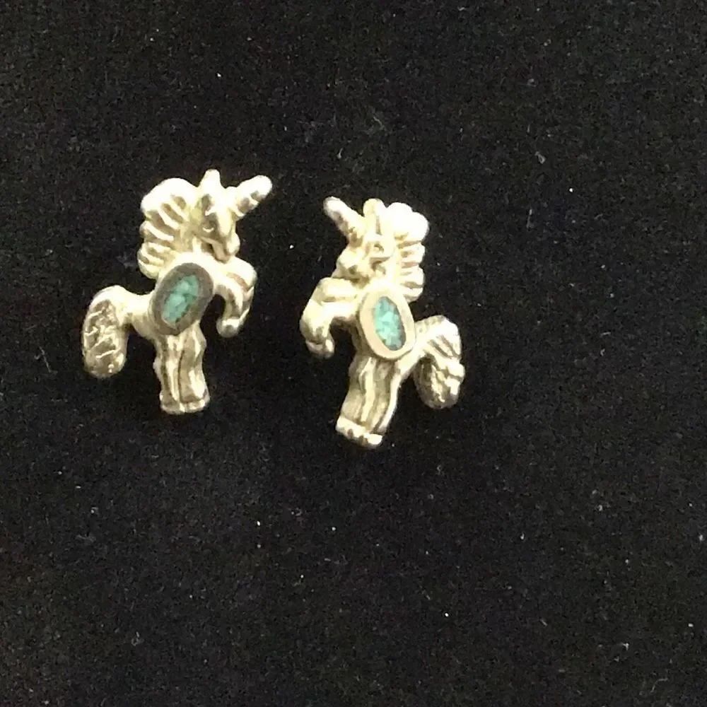 Earrings vintage silver tone and turquoise unicorn